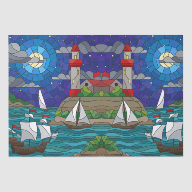 Papier Mousseline Sea Red Lighthouse Bateaux à voile Shore Starry Sk (Recto)