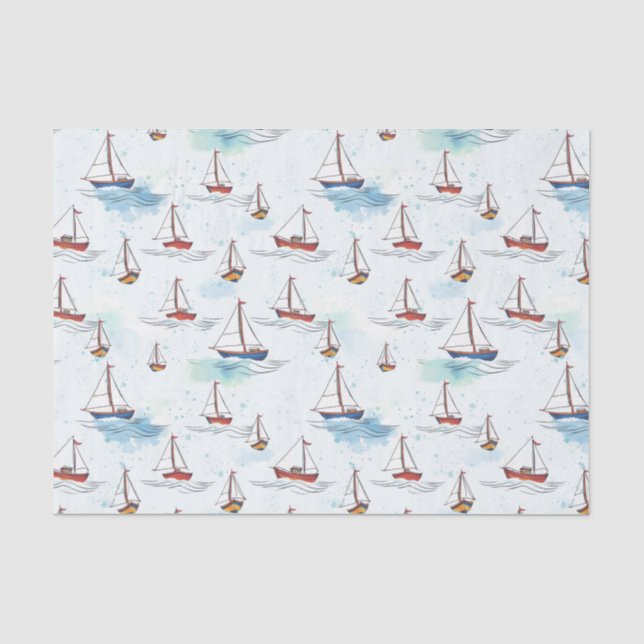Papier Mousseline Serene Blue Red Voiliers Motif sur mer (Recto)