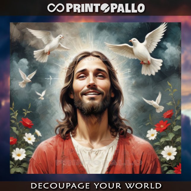 Papier Mousseline Serene Jésus Christ avec des colombes sourient à v (Créateur téléchargé)