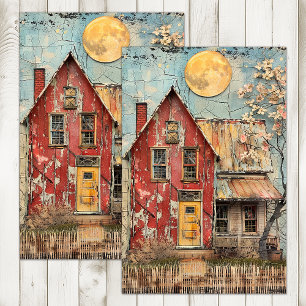 PAPIER MOUSSELINE SHABBY ANCIENNE MAISON ROUGE DÉCOUPAGE MÉDIA MIXTE