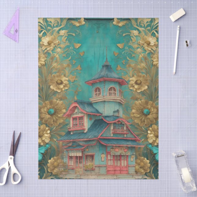 Papier Mousseline Shabby Chic Pagode Florale Turquoise (Artisanat)