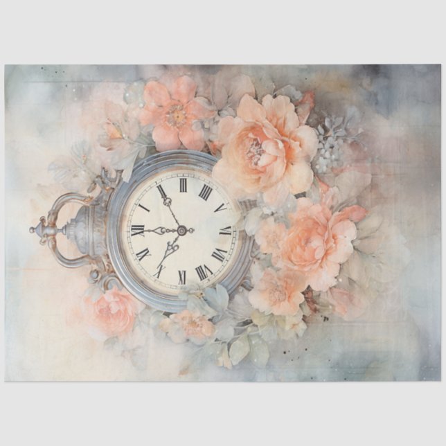 Papier Mousseline Shabby chic pastel vert pêche horloge antique (Recto)