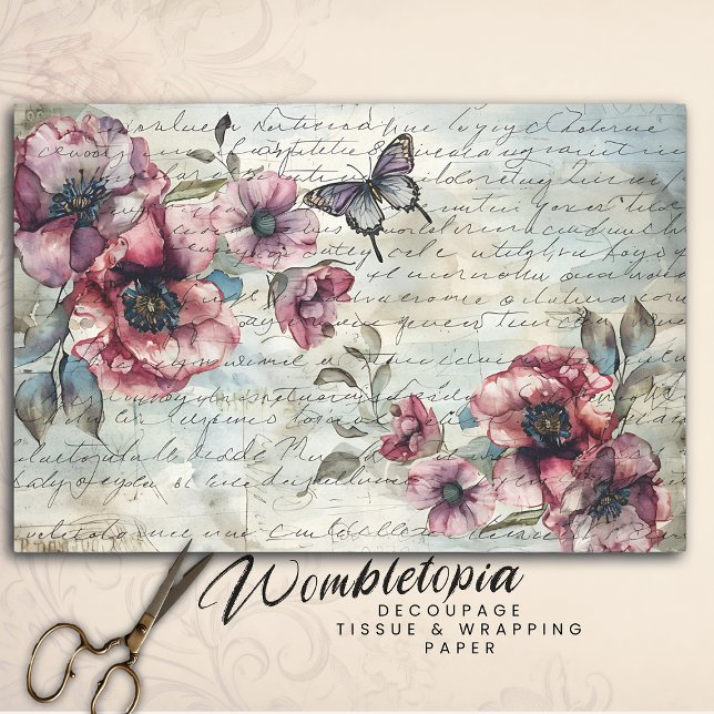 Papier Mousseline Shabby Chic Pink Poppies & Papillon Decoupage (Créateur téléchargé)