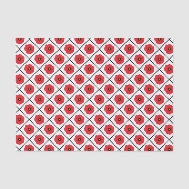 Papier Mousseline Shabby Chic Rouge, Black & White Poppies Florales (Recto)