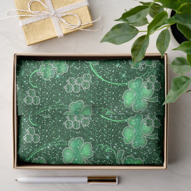 Papier Mousseline Shamrocks scintillants et torsades ID289 (Cadeau)