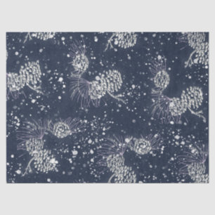 Papier Mousseline Silver Pinecones Neige Marine Blue Holiday