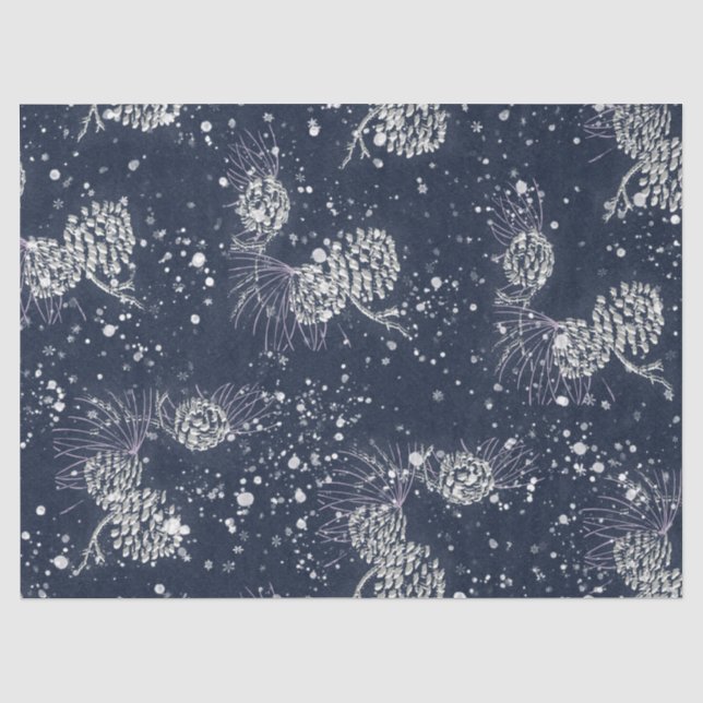 Papier Mousseline Silver Pinecones Neige Marine Blue Holiday (Recto)