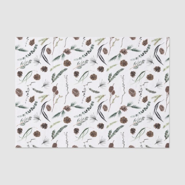 Papier Mousseline Simple Eucalyptus Pine Cone Aquarelle Noël (Recto)