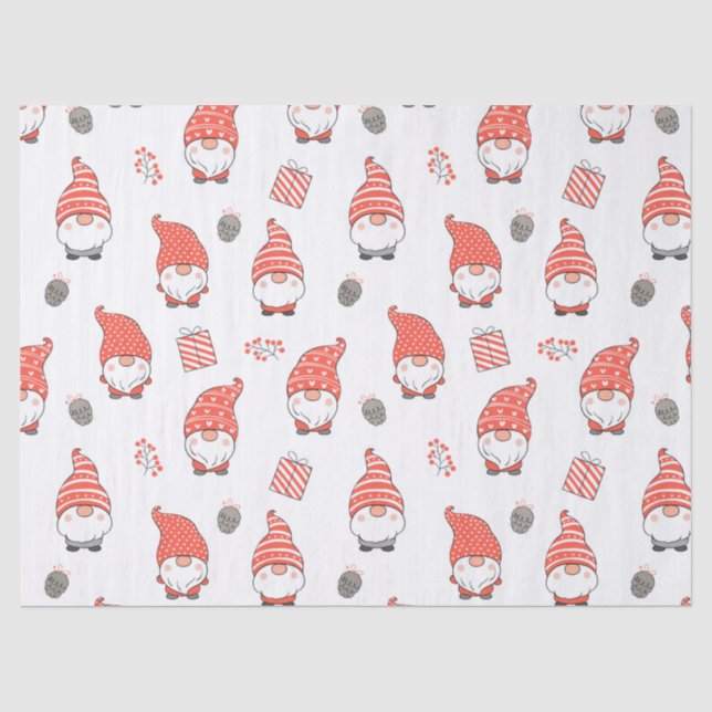 Papier Mousseline Simple Rouge Blanc Gnome Cadeau Noël (Recto)