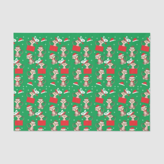 Papier Mousseline Singe Noël présent Motif Père Noël Elf Casquette (Recto)