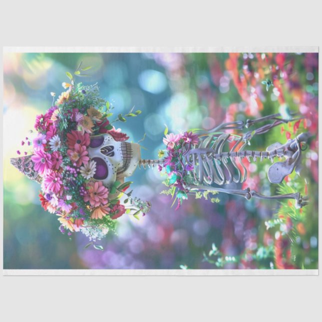 Papier Mousseline Skeleton Hippie est tout Bones & Fleurs Decoupage (Recto)