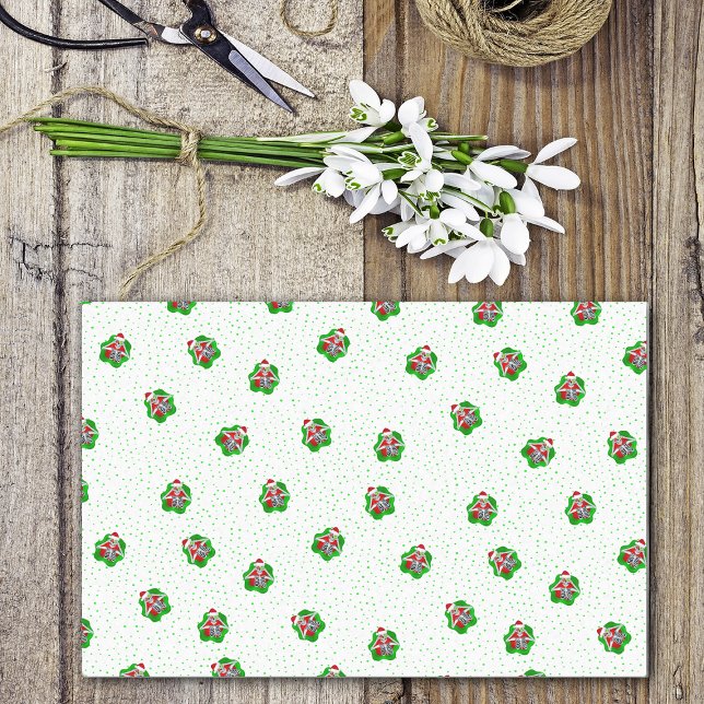 Papier Mousseline Skeletons de Noël amusants Chapeaux de Père Noël e (Christmas skeletons ornament eyes Santa hats green polka dots on white wrapping tissue paper.)