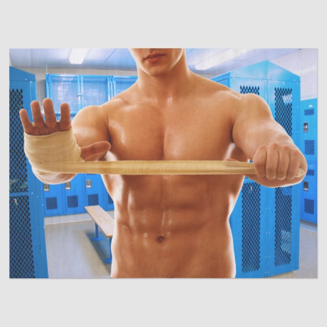 Papier Mousseline SlipperyJoe homme musclé abs vestiaire pièce carre (Recto)