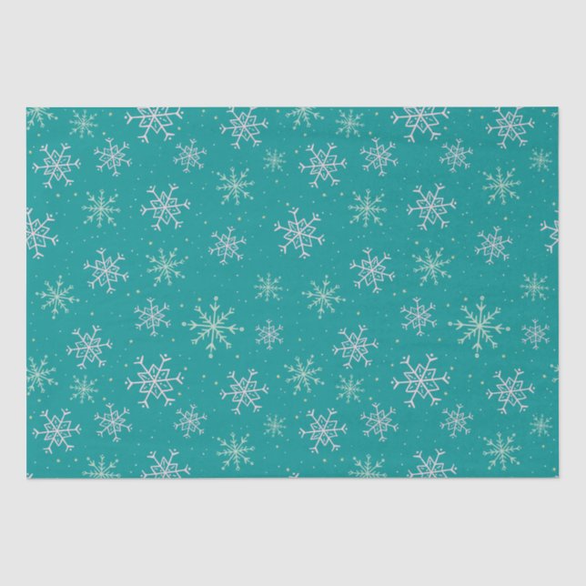 Papier Mousseline Snowflakes blanc et aqua peints à la main sur Turq (Recto)