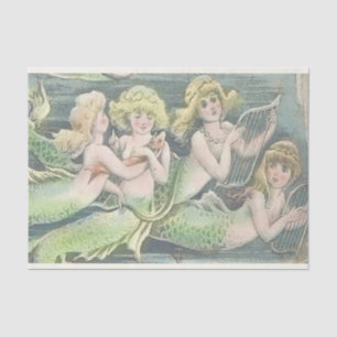 Papier Mousseline Soeurs vintages de sirène nager avec poisson rouge
