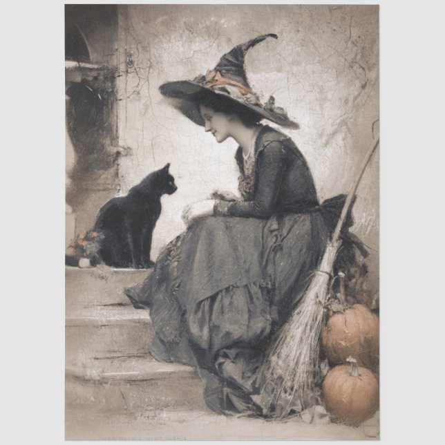Papier Mousseline Sorcière de style antique et Découpage Art Chat (Recto)
