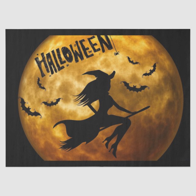 Papier Mousseline Sorcière d'Halloween sur chauves-souris chatte lun (Recto)