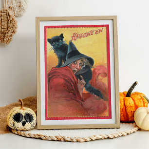 Papier Mousseline Sorcière d'Halloween Vintage éffrayante avec chat 
