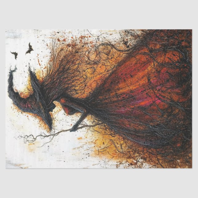 Papier Mousseline Sorcière en rouge avec chauve-souris Découpage (Recto)