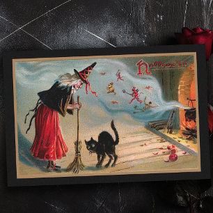 Papier Mousseline Sorcière Vintage éffrayante avec Chat noir et Diab