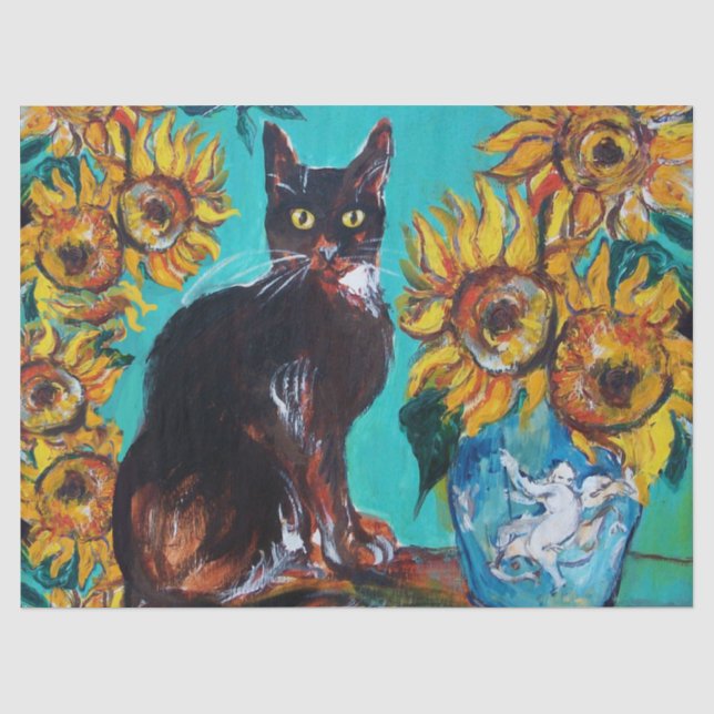 PAPIER MOUSSELINE SOUFFLE, CHAT NOIR EN TURQUOISE BLEUE (Recto)