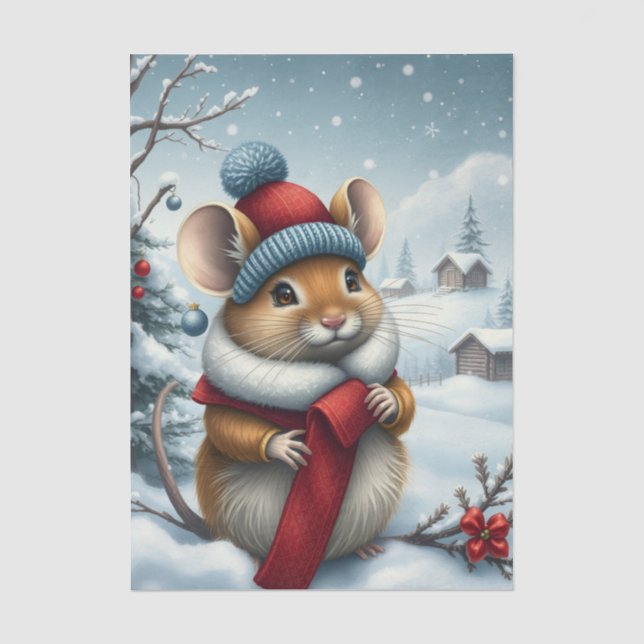 Papier Mousseline Souris mignonne en hiver avant l'arrivée et l'hive (Recto)