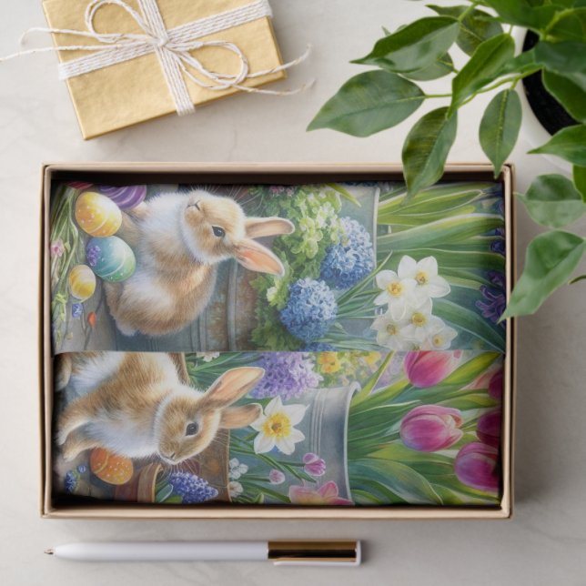 Papier Mousseline Springtime Tulips Daffodils Bunnies  (Cadeau)