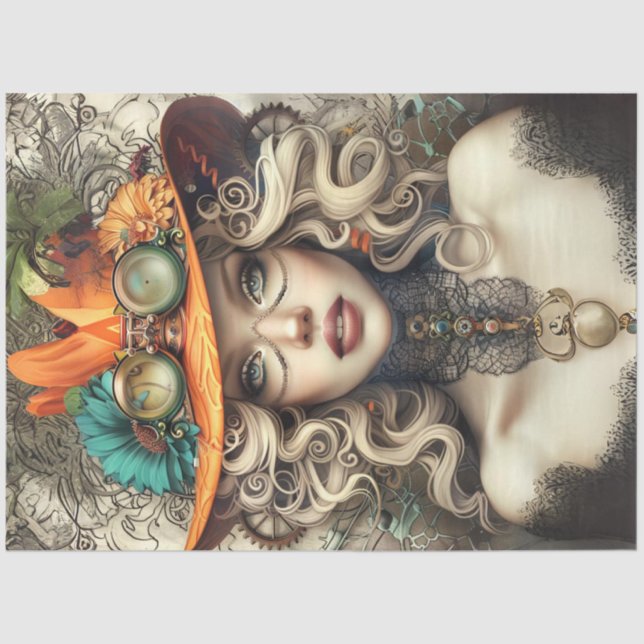 Papier Mousseline Steampunk Bohemian Style Lady Decoupage (Recto)