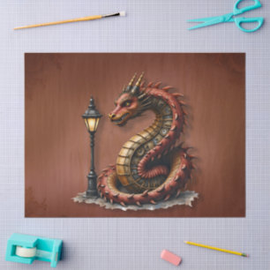 Papier Mousseline Steampunk Dragon à côté d'un lampadaire vintage.
