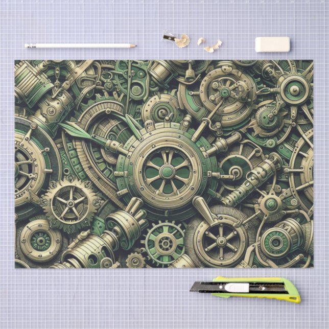 Papier Mousseline Steampunk Industrial Green Clocwork Gears (Artisanat)