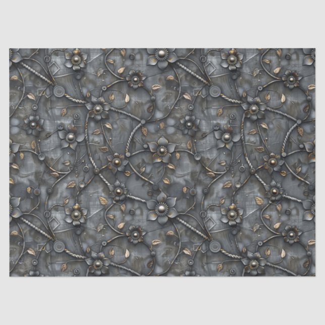 Papier Mousseline Steampunk Motif de fleur métallique pour Decoupage (Recto)