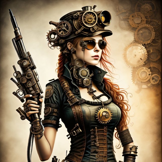 Papier Mousseline Steampunk woman Ready or not v2 (Steampunk, Post-Appocalyptic, Gears, Woman, Strong woman)