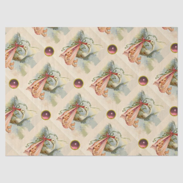 PAPIER MOUSSELINE STORK BABY SHOWER FILLE GEMMES ROSES (Recto)