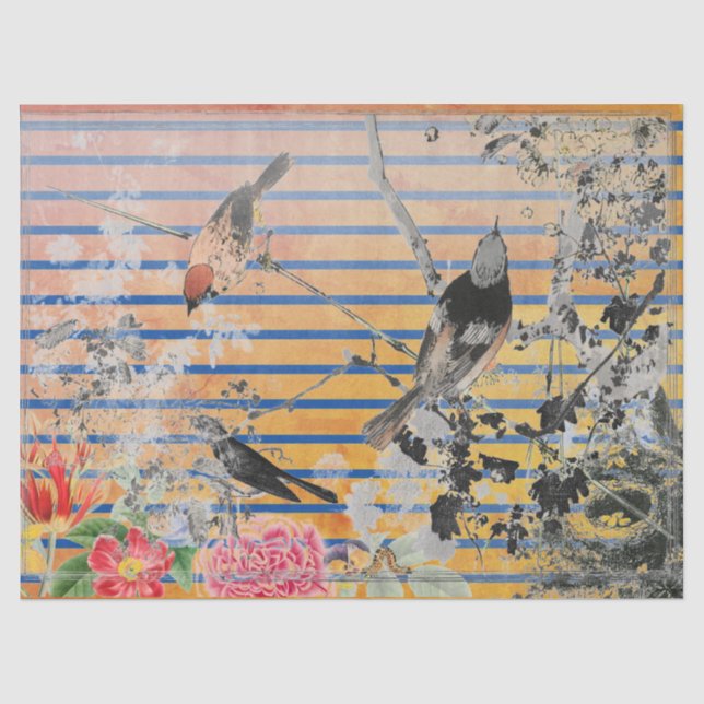 PAPIER MOUSSELINE STRIPES JAUNES ET PAPIER EN TISSU D'OISEAU JAPONAI (Recto)