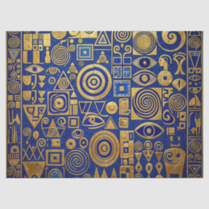 Papier Mousseline Style Klimt Bleu+Or Renaissance Égyptienne