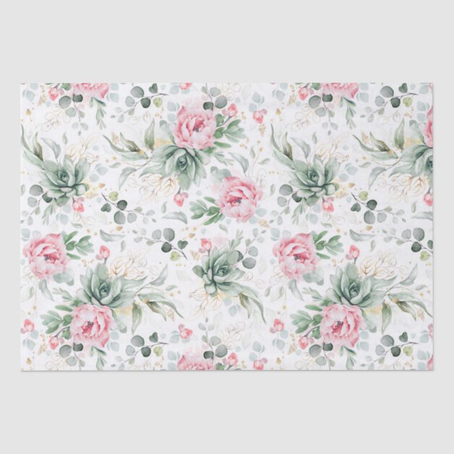 Papier Mousseline Succulentes verdure et fleurs roses botanique (Recto)