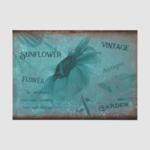 Papier Mousseline Sunflower Bleu Turquoise Antique Script Vintage