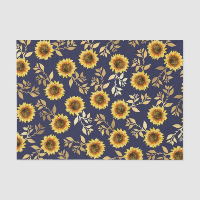 Papier Mousseline Sunny Yellow Gold Navy Feuille Motif (Recto)