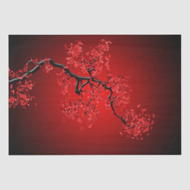 Papier Mousseline Superbe Branche Japonaise Fleur de Cerise Rouge (Recto)
