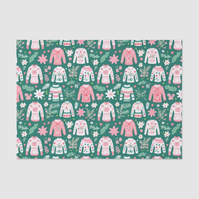 Papier Mousseline Sweaters de Noël moches et roses et verts (Recto)