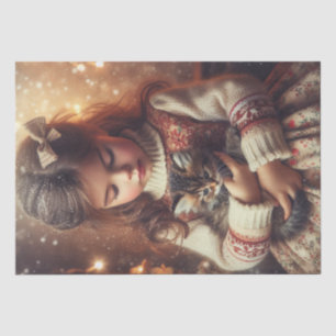 Papier Mousseline Sweet Little Girl and Kitten Christmas