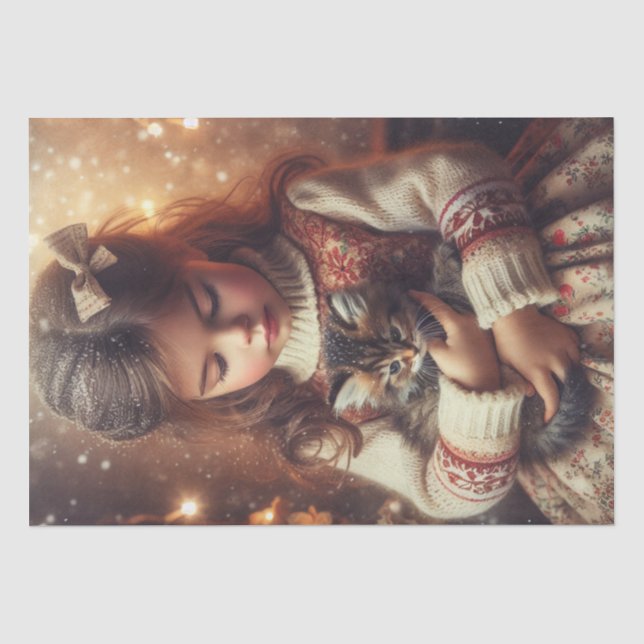 Papier Mousseline Sweet Little Girl and Kitten Christmas (Recto)