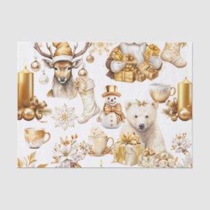Papier Mousseline Symboles de Noël or et blanc