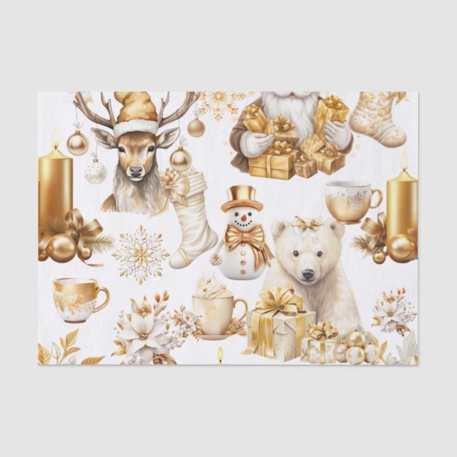 Papier Mousseline Symboles de Noël or et blanc (Recto)