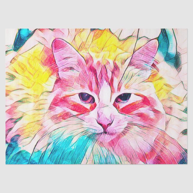 Papier Mousseline Tabby Cat Design Pink Yellow Turquoise Art Design (Recto)