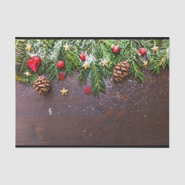 Papier Mousseline Table de Noël rustique avec pin et neige (Recto)