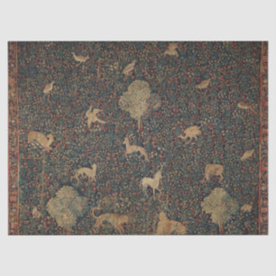 Papier Mousseline Tapisserie allegorique Millefleurs avec animaux