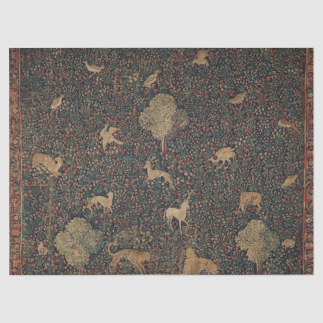 Papier Mousseline Tapisserie allegorique Millefleurs avec animaux (Recto)