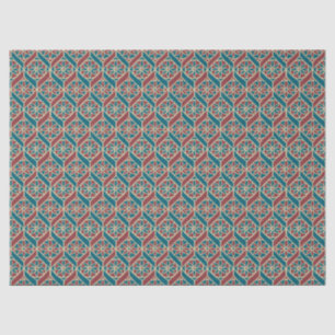 Papier Mousseline Teal, rouge foncé, motif floral ethnique beige