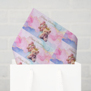 Papier Mousseline Teddy Bear Pink Bow Gold Crown Joyeux anniversaire